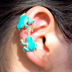 NWT Nina2014 Mini Handmade Brass Painted Green Blue Teal Frog Ear Clip/ Earrings